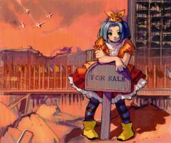 Rule 34 | 1girl, aircraft, airplane, album cover redraw, blue hair, boots, closed mouth, cloud, cloudy sky, derivative work, dress, flags of all nations, frilled dress, frills, green eyes, highres, layered dress, looking at viewer, megadeth, meltted, monogatari (series), ononoki yotsugi, orange dress, orange sky, outdoors, puffy short sleeves, puffy sleeves, rubble, ruins, short sleeves, sign, sky, solo, string of flags, yellow footwear