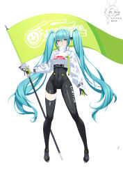 Rule 34 | 1girl, absurdres, aqua hair, asymmetrical bodysuit, black bodysuit, black gloves, bodysuit, boots, crop top, crop top overhang, cropped jacket, flag, flagpole, flame print, full body, gloves, goodsmile racing, green gloves, hatsune miku, highres, holding, holding flag, holding pole, jacket, long hair, long sleeves, nanqizizhou, pole, race queen, racing miku, racing miku (2022), single leg bodysuit, single thigh boot, single thighhigh, smiley face, standing, text print, thigh boots, thighhighs, twintails, two-tone gloves, vocaloid, white background, white jacket