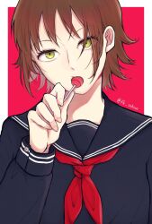 Rule 34 | 1girl, black serafuku, brown hair, candy, commentary, eating, fingernails, food, green eyes, hair over one eye, hand up, holding, holding candy, holding food, holding lollipop, lollipop, long sleeves, looking at viewer, neckerchief, osano rui, outside border, red background, red neckerchief, school uniform, serafuku, shio (fk sshioo), short hair, solo, twitter username, upper body, world trigger