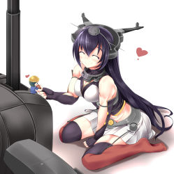 Rule 34 | 10s, 1girl, abs, black hair, blush, breasts, cleavage, closed eyes, fairy (kancolle), heart, helmet musume (kancolle), highres, kantai collection, large breasts, long hair, muscular, nagato (kancolle), personification, sitting, sleeveless, smile, solo, sukage, very long hair, wariza, white background
