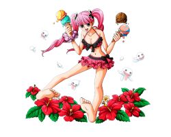 Rule 34 | 1girl, :d, barefoot, bikini, bikini skirt, black eyes, bodskih, breasts, cleavage, devil fruit, feet, floating hair, flower, food, frilled bikini, frills, full body, ghost, hair ornament, hibiscus, holding, holding food, horo horo no mi, ice cream, large breasts, lipstick, long hair, makeup, navel, one piece, one piece treasure cruise, open mouth, perona, pink hair, polka dot, polka dot bikini, red bikini, red flower, red lips, shiny skin, simple background, smile, soles, solo, swimsuit, toes, transparent background, twintails, very long hair, wrist cuffs