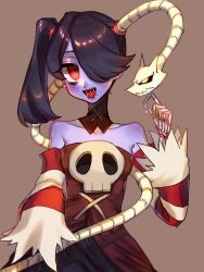 Rule 34 | blue hair, blue skin, blush, brown background, collarbone, colored skin, detached collar, hair over one eye, highres, kusi tanisi0904, leviathan (skullgirls), open mouth, red eyes, side ponytail, skullgirls, smile, squigly (skullgirls), stitched mouth, stitches, striped, upper body, yellow eyes, zombie