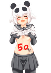 Rule 34 | 1girl, ^ ^, absurdres, animal ears, bear ears, black hair, blush stickers, body writing, breasts, closed eyes, clothes lift, colored inner hair, elbow gloves, facing viewer, female focus, giant panda (kemono friends), gloves, grey background, groin, hakumaiya, highres, kemono friends, kemono friends 2, lifted by self, medium hair, miniskirt, multicolored hair, navel, open mouth, panda ears, pantyhose, shirt lift, short sleeves, simple background, skirt, solo, standing, stomach, two-tone hair, underboob, white hair