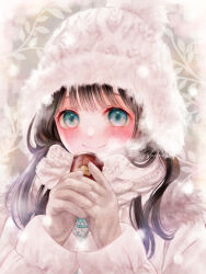 Rule 34 | 1girl, blue eyes, blush, brown gloves, brown hair, closed mouth, coat, cup, fur-trimmed headwear, fur trim, ginniroya, gloves, grey background, hat, highres, holding, holding cup, hot chocolate, long hair, long sleeves, looking at viewer, original, scarf, smile, snowing, solo, twitter username, upper body, white coat, white scarf