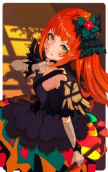 Rule 34 | 1girl, bandaged arm, bandages, black dress, closed mouth, detached sleeves, dress, eyeshadow, facial mark, fire emblem, fire emblem engage, gbbgb321, hair ornament, highres, holding, long hair, looking at viewer, makeup, nintendo, orange hair, panette (fire emblem), yellow eyes