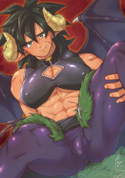 Rule 34 | 1boy, :q, abs, bara, bat wings, black eyes, black hair, broly (dragon ball super), bulge, cleavage cutout, clothing cutout, covered erect nipples, covered penis, curled horns, dark-skinned male, dark skin, demon boy, demon horns, demon wings, dragon ball, dragon ball super, feet out of frame, gureshi db, halloween costume, highres, horns, large pectorals, leggings, male focus, medium hair, monsterification, muscular, muscular male, nipples, pectoral cleavage, pectorals, presenting, purple leggings, scar, scar on stomach, seductive smile, smile, solo, spiked hair, spread legs, stomach, thick eyebrows, thick thighs, thighs, tongue, tongue out, underpec, wings