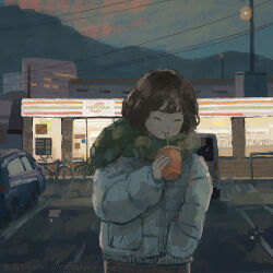 Rule 34 | 1girl, bicycle, brown hair, car, closed eyes, convenience store, cup, disposable cup, down jacket, drinking, drinking straw, green scarf, grey jacket, hand in pocket, jacket, motor vehicle, night, original, outdoors, parking lot, power lines, scarf, shop, short hair, solo, utility pole, winter clothes, yeyuan33