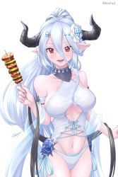 Rule 34 | 1girl, bare shoulders, blue flower, blue hair, blush, breasts, clothing cutout, collarbone, corset, draph, drawstring, flower, food, food request, granblue fantasy, hair between eyes, hair flower, hair ornament, highres, holding, horns, izmir, izmir (summer) (granblue fantasy), kebab, large breasts, light blue hair, long hair, looking at viewer, mole, mole under mouth, navel, open mouth, pointy ears, red eyes, simple background, smile, snowflake hair ornament, solo, swimsuit, tian nya, twitter username, underboob cutout, very long hair, white background, white flower