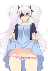 Rule 34 | 10s, 1girl, blue dress, blue skirt, blush, bow, bow panties, casual, clothes lift, dress, dress lift, eyepatch, frown, groin, hair ornament, jpeg artifacts, korisei, lifted by self, long hair, panties, panty pull, pink panties, polka dot, polka dot panties, red eyes, sailor collar, senran kagura, simple background, skirt, solo, tears, twintails, underwear, white background, white hair, yagyu (senran kagura)