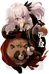 Rule 34 | 1girl, black gloves, black shorts, blue eyes, breasts, eating, echo (circa), elbow gloves, fate/grand order, fate (series), feather hair ornament, feathers, fingerless gloves, food, gloves, hair between eyes, hair ornament, long hair, onigiri, puffy short sleeves, puffy sleeves, saika magoichi (fate), shirt, short sleeves, shorts, sidelocks, small breasts, solo, tanuki, translation request, white hair, white shirt