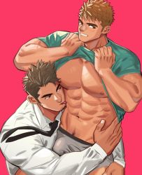Rule 34 | 2boys, abs, bara, blush, body hair, boxer briefs, brown eyes, brown hair, bulge, clothes lift, clothes pull, facial hair, large pectorals, licking, male focus, male underwear, manly, multiple boys, muscular, necktie, nipples, original, pectorals, salaryman, shirt lift, shirt pull, short hair, smile, thick eyebrows, tongue, tongue out, underwear, undressing another, upper body, yaoi, youchi123