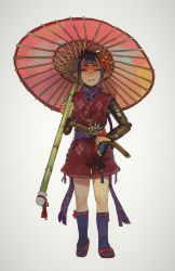 Rule 34 | 1girl, absurdres, black hair, closed eyes, commission, facing viewer, flower, hair flower, hair ornament, highres, holding, holding umbrella, long sleeves, looking at viewer, mossacannibalis, oil-paper umbrella, original, pointy ears, red shorts, sandals, scabbard, sheath, short sword, shorts, simple background, smile, solo, standing, sword, tabi, tantou, umbrella, weapon, white background