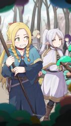 Rule 34 | 1boy, 3girls, absurdres, armor, black pantyhose, blonde hair, blue capelet, blue robe, boots, braid, brown footwear, capelet, crossover, dangle earrings, drop earrings, dungeon meshi, earrings, fcgc (friedalwaysgood), fern (sousou no frieren), forest, frieren, green eyes, grey hair, highres, holding, holding staff, hood, hooded capelet, jewelry, laios touden, marcille donato, multiple braids, multiple girls, mushroom, nature, outdoors, pantyhose, plate armor, purple hair, robe, skirt, sousou no frieren, staff, tree, white capelet, white skirt