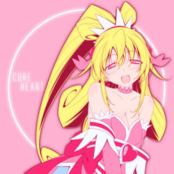Rule 34 | 1girl, adapted costume, aida mana, bare shoulders, blonde hair, bow, breasts, breasts squeezed together, brooch, character name, choker, cleavage, cure heart, dokidoki! precure, female focus, hair ornament, half updo, heart, heart brooch, jewelry, kikuchi tsutomu, large breasts, lipstick, long hair, looking at viewer, makeup, open mouth, pink background, pink eyes, pink ribbon, precure, ribbon, seductive smile, simple background, smile, solo