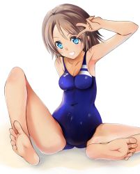 Rule 34 | 10s, 1girl, armpits, barefoot, blue eyes, blue one-piece swimsuit, blush, bonfurai, breasts, competition swimsuit, covered navel, feet, grey hair, grin, looking at viewer, love live!, love live! sunshine!!, medium breasts, one-piece swimsuit, short hair, sitting, smile, soles, solo, swimsuit, toes, v, watanabe you