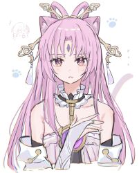 ... 1girl absurdres animal_ears cat_ears cat_tail forehead_jewel fu_xuan_(honkai:_star_rail) hair_ornament hair_stick highres honkai:_star_rail honkai_(series) karua0621 parted_bangs paw_print pink_hair simple_background solo tail tassel tassel_hair_ornament two-tone_eyes upper_body white_background