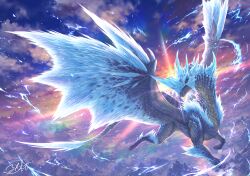 Rule 34 | blue scales, claws, dragon, dragon tail, dragon wings, flying, frost, highres, horns, ice, ice horns, monster, monster focus, monster hunter (series), satoyuki, scales, sharp tail, signature, sky, tail, velkhana, western dragon, wings, yellow eyes
