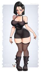 Rule 34 | android 18, black hair, blue eyes, boots, collar, dress, earrings, fishnets, goth fashion, highres, jewelry, short dress, spiked collar, spikes, tight clothes, whysoblau