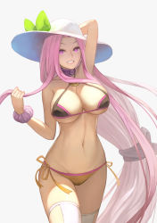 Rule 34 | 1girl, absurdres, bikini, breasts, cjyoung, fate/grand order, fate/stay night, fate (series), hat, highres, jewelry, large breasts, long hair, medusa (fate), medusa (rider) (fate), necklace, purple eyes, purple hair, simple background, smile, snake hair, square pupils, swimsuit, very long hair, white background