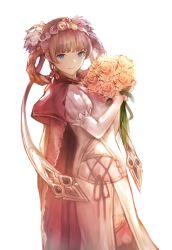 Rule 34 | 1girl, absurdres, bad id, bad twitter id, blue eyes, blunt bangs, bouquet, braid, braided hair rings, breasts, brown hair, cape, character request, closed mouth, commentary request, dress, elbow gloves, flower, gloves, granblue fantasy, hair ornament, hair rings, hairband, highres, holding, holding bouquet, jewelry, juliet (granblue fantasy), lala (0915 yu), long hair, medium breasts, pink hair, red cape, ribbon, solo, white background, white dress, white gloves