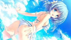 Rule 34 | 1girl, :d, ame (d.s. -dal segno-), anklet, armlet, ass, bare legs, bare shoulders, barefoot, barefoot sandals (jewelry), beads, bikini, blue eyes, blue hair, blue ribbon, blue sky, blush, circus (studio), cloud, d.s. -dal segno-, day, dutch angle, eyebrows, eyelashes, feet, flower, frilled bikini, frills, from behind, game cg, hair beads, hair flower, hair ornament, horizon, jewelry, leg up, lens flare, looking back, matching hair/eyes, ocean, open mouth, outstretched arms, ribbon, short hair, sky, smile, soles, solo, spread fingers, standing, standing on one leg, sunlight, swimsuit, takano yuki (allegro mistic), tareme, toes, wading, water, white bikini, white flower