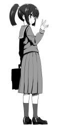 Rule 34 | 1girl, bag, blush, closed mouth, from behind, full body, greyscale, hand up, highres, holding, holding bag, long hair, long sleeves, monochrome, pleated skirt, ponytail, sailor collar, school bag, school uniform, serafuku, shoes, skirt, smile, socks, solo, standing, sumiyao (amam), waving