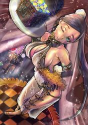 Rule 34 | 1girl, bare shoulders, black hair, breasts, china dress, chinese clothes, choker, cleavage, destiny child, dress, elbow gloves, gem, gloves, hand on own hip, highres, jewelry, kimiya jun, lan fei (destiny child), large breasts, long hair, looking at viewer, mole, mole under mouth, one eye closed, ponytail, sideboob, thighs, treasure chest, wink