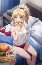 Rule 34 | 1girl, 1other, bed, blonde hair, blush, bra, unworn bra, braid, breasts, burger, camisole, cheese, crop top, cup, drink, drinking straw, eating, fate/apocrypha, fate (series), feet out of frame, food, french braid, french fries, green eyes, highres, holding, holding cup, holding drink, holding food, indoors, ketchup, long hair, looking at another, looking at viewer, midriff peek, mordred (fate), mordred (fate/apocrypha), no pants, off shoulder, on bed, panties, parted bangs, pillow, ponytail, red bra, red panties, red scrunchie, scrunchie, sidelocks, sitting, small breasts, tonee, underwear, white camisole