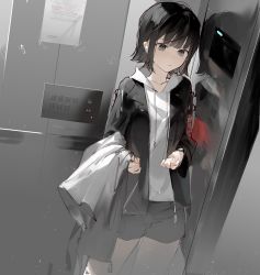 Rule 34 | 1girl, absurdres, black hair, black jacket, black shorts, black theme, blunt bangs, closed mouth, drawstring, earphones, elevator, expressionless, grey eyes, highres, holding, holding clothes, holding shirt, hood, hood down, hoodie, jacket, light particles, long sleeves, mo011010, original, shirt, short hair, shorts, solo, standing, watch, white hoodie, wireless earphones, wristwatch