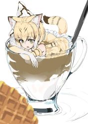 Rule 34 | 10s, 1girl, animal ears, bangosu, blonde hair, bow, bowtie, cat ears, cat girl, cat tail, cream, cup, drink, drinking glass, elbow gloves, food, gloves, green eyes, hair between eyes, in food, kemono friends, print gloves, sand cat (kemono friends), sand cat print, shirt, sleeveless, sleeveless shirt, solo, spoon, spotted hair, tail, waffle, white background, yellow bow, yellow bowtie, yellow gloves