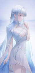 Rule 34 | 1girl, absurdres, aurora (grimlight), blue theme, braid, breasts, character request, cleavage, crescent, crystalherb, dress, grey eyes, grimlight, hair ribbon, hand up, highres, long hair, outdoors, ribbon, small breasts, smile, standing, very long hair, white dress, white hair