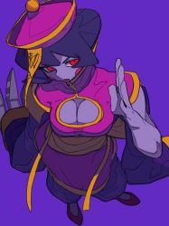 Rule 34 | 1girl, bone nig, breasts, china dress, chinese clothes, cleavage, colored skin, dress, highres, jiangshi, lei lei, long sleeves, open mouth, pink dress, pink headwear, purple background, purple hair, purple skin, red eyes, short hair, solo, vampire (game)