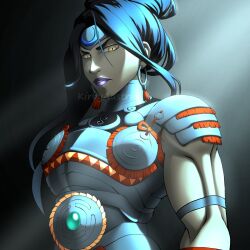 Rule 34 | 1girl, absurdres, angry, armor, biceps, black hair, cuisses, earrings, forehead protector, hades (series), hades 2, hair bun, highres, hoop earrings, jewelry, leg armor, lipstick, looking at viewer, makeup, muscular, muscular arms, muscular female, nemesis (hades), purple lips, serious, shoulder armor, solo, yellow eyes