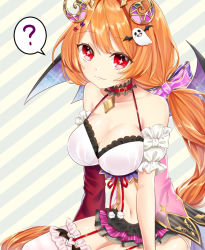 Rule 34 | 1girl, :3, arm support, asymmetrical sleeves, bad id, bad pixiv id, bare shoulders, bat wings, black wings, breasts, cleavage, collarbone, cowboy shot, detached collar, detached sleeves, from side, garter straps, hair ornament, ingen mome, large breasts, long hair, looking at viewer, low-tied long hair, microskirt, midriff, navel, orange hair, pleated skirt, red eyes, shironeko project, sitting, skirt, smile, solo, spaghetti strap, striped clothes, striped thighhighs, thighhighs, uneven sleeves, wings, zettai ryouiki