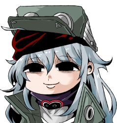 Rule 34 | 1girl, absurdres, empty eyes, g11 (girls&#039; frontline), girls&#039; frontline, green hat, green jacket, grey hair, haho, hat, highres, jacket, looking at viewer, messy hair, scarf, scarf on head, smile, smug, solo
