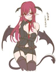 Rule 34 | 1girl, alternate costume, bare shoulders, bat wings, bespectacled, black gloves, black thighhighs, breasts, colorized, demon tail, detached collar, garter straps, glasses, gloves, head wings, jpeg artifacts, koakuma, large breasts, lips, long hair, looking at viewer, midriff, monety, navel, necktie, pointy ears, red eyes, red hair, red necktie, simple background, sketch, skirt, sleeveless, smile, solo, tail, text focus, thighhighs, touhou, white background, wings, zettai ryouiki