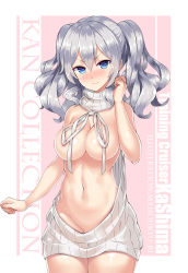 Rule 34 | 1girl, aran sweater, areola slip, arm at side, bad id, bad pixiv id, bare shoulders, blue eyes, blush, breasts, breasts out, cable knit, clenched hands, closed mouth, commentary request, convenient censoring, cowboy shot, dress, embarrassed, groin, halterneck, hand up, hip focus, kantai collection, kashima (kancolle), large breasts, legs together, looking at viewer, mahou kyuuri, medium hair, meme attire, naked sweater, navel, no bra, no panties, nose blush, parted bangs, raised eyebrows, ribbed sweater, ribbon, shiny skin, short dress, silver hair, solo, standing, sweater, sweater dress, thighs, turtleneck, turtleneck sweater, twintails, virgin killer sweater, wardrobe error, wavy hair, white dress, white ribbon, white sweater
