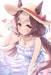 Rule 34 | 1girl, animal ears, arm behind head, bare arms, bare shoulders, blush, breasts, brown eyes, brown hair, brown hat, cleavage, closed mouth, collarbone, commentary request, dress, ears through headwear, frilled dress, frills, hand up, hat, heart, highres, horse ears, jewelry, long hair, looking at viewer, low twintails, medium breasts, multicolored hair, necklace, petals, simple background, sleeveless, sleeveless dress, smile, solo, sun hat, tomo (tmtm mf mf), twintails, two-tone hair, umamusume, very long hair, white background, white dress, white hair, yamanin zephyr (umamusume)