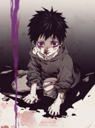 Rule 34 | 1boy, aged down, barefoot, black shirt, blood, blood on face, blood splatter, blurry, bruise, bruise on face, child, csanaca, dated, depth of field, dirty, dirty face, empty eyes, full body, glowing, harrison dirk, higeki no genkyou tonaru saikyou gedou last boss joou wa tami no tame ni tsukushimasu, highres, injury, knee up, liquid, looking at viewer, male focus, oversized clothes, pants, shards, shirt, sitting, sleeves pushed up, solo, spot color, torn clothes, torn pants, twitter username