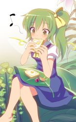 Rule 34 | 1girl, ascot, bad id, bad pixiv id, bread, bread slice, daiyousei, dress, dress shirt, eating, egg yolk, food, food in mouth, fruit, green eyes, green hair, hair ribbon, highres, leaf, matching hair/eyes, mouth hold, musical note, orange (fruit), puffy short sleeves, puffy sleeves, ribbon, shirt, short hair, short sleeves, side ponytail, sitting, solo, strawberry, sudou noboru, toast, toast in mouth, touhou, wings