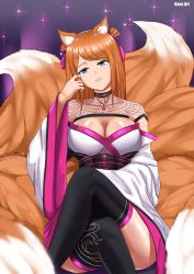 Rule 34 | 1girl, absurdres, animal ears, arm up, blue eyes, breasts, brown hair, crossed legs, fox ears, fox girl, fox tail, hair ribbon, highres, japanese clothes, jewelry, kaos art, kitsune, kyuubi, large breasts, looking at viewer, multiple tails, necklace, original, ribbon, shiny skin, tail, thighhighs