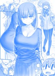 Rule 34 | 2boys, 2girls, :d, = =, ^ ^, ai-chan (tawawa), arms behind back, bag, blue theme, bra, bra peek, braid, bralines, breasts, breath, cleavage, closed eyes, comic, commentary request, closed eyes, getsuyoubi no tawawa, himura kiseki, huge breasts, index finger raised, kouhai-chan (tawawa), loafers, long sleeves, looking at viewer, medium hair, monochrome, multiple boys, multiple girls, open mouth, outdoors, pantyhose, plaid, plaid scarf, pleated skirt, scarf, school bag, shoes, shoulder bag, silent comic, skirt, smile, trembling, twin braids, underwear, v-shaped eyebrows, | |, || ||