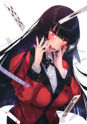 Rule 34 | 1girl, black hair, black neckwear, blunt bangs, blush, breasts, card, checkered clothes, checkered skirt, collared shirt, commentary request, covered erect nipples, floating card, finger in own mouth, fingers to cheeks, hime cut, itami (maemukina do), jabami yumeko, jacket, jewelry, kakegurui, large breasts, lips, long hair, nail polish, open mouth, playing card, red eyes, red jacket, red nails, ring, saliva, school uniform, shirt, skirt, solo, tongue, white shirt