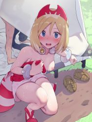 Rule 34 | 1boy, 1girl, blonde hair, blue eyes, blush, boris (noborhys), breast slip, breasts, collar, commentary request, creatures (company), day, eyelashes, game freak, grass, hair between eyes, hairband, highres, irida (pokemon), knees, looking at viewer, nintendo, nipples, on one knee, one breast out, outdoors, pokemon, pokemon legends: arceus, red footwear, red hairband, sash, shoes, short hair, shorts, sweat, sweatdrop, tent, textless version, unworn shoes, waist cape, white shorts