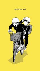 Rule 34 | 2boys, bag, bicycle, bicycle basket, bicycle helmet, brothers, constricted pupils, copyright name, eduroku, exhausted, full body, gakuran, gloom (expression), greyscale with colored background, hand on helmet, helmet, highres, kageyama ritsu, kageyama shigeo, looking ahead, male focus, mob psycho 100, multiple boys, multiple riders, open mouth, pants, riding, riding bicycle, school bag, school uniform, shoes, short hair, shoulder bag, siblings, simple background, sneakers, sweat, yellow background