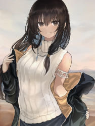 Rule 34 | 1girl, arm strap, bare shoulders, beach, black jacket, blue hair, blush, breasts, brown eyes, brown hair, commentary request, cowboy shot, day, earrings, hinomaru (futagun), horizon, jacket, jewelry, looking at viewer, medium breasts, multicolored hair, necklace, ocean, open clothes, open jacket, original, outdoors, parted lips, sleeveless, sleeveless sweater, smile, solo, sweater, two-tone hair, undressing, white sweater