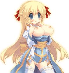 Rule 34 | 1girl, arch bishop (ragnarok online), bad id, bad pixiv id, blonde hair, blue eyes, blush, breasts, breasts out, cleft of venus, clothes pull, fat mons, half updo, large breasts, long hair, nipples, no panties, pussy, ragnarok online, shirt pull, simple background, solo, thighhighs, tsudero, uncensored