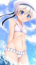 Rule 34 | 1girl, arms behind back, bikini, bikini skirt, blue eyes, blue sky, cloud, day, hat, highres, kantai collection, looking at viewer, microskirt, narashika asuka, open mouth, outdoors, pleated skirt, sailor bikini, sailor collar, sailor hat, short hair, silver hair, skirt, sky, solo, standing, swimsuit, white hat, white sailor collar, z1 leberecht maass (kancolle)
