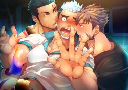 Rule 34 | 3boys, absurdres, alternate costume, arguing, bara, black hair, blue eyes, blush, boy sandwich, brown hair, casual, couple, crow (siranui), earrings, facial hair, facial mark, goatee, grabbing, green eyes, groping, gyee, hand under clothes, hand under shirt, highres, huge filesize, jewelry, large pectorals, long sideburns, male focus, mature male, multicolored hair, multiple boys, muscular, muscular male, one eye closed, open mouth, pectoral grab, pectorals, priapu, priapus, priapus a. tarou, sandwiched, shirt, sideburns, standing, su (gyee), tattoo, upper body, white hair, yan (gyee), yaoi
