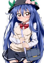 Rule 34 | 1girl, :t, alternate costume, annoyed, bag, between breasts, black thighhighs, blue hair, blue skirt, blush, breasts, bwell, contemporary, contrapposto, covered erect nipples, cowboy shot, food, fruit, hat, hat ornament, highres, hinanawi tenshi, leaf, long hair, long sleeves, looking at viewer, peach, pout, red eyes, red ribbon, ribbon, school bag, school uniform, simple background, skirt, small breasts, solo, standing, sweater vest, tears, thighhighs, touhou, trembling, very long hair, white background, zettai ryouiki